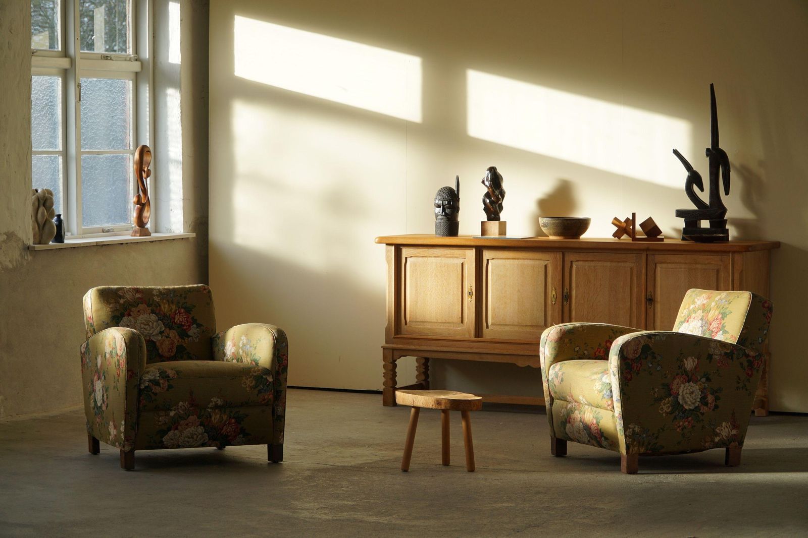 photo for sale Danish Mordern Pair Of Curved Lounge Chairs, Original Fabric, Fritz Hansen, 1940