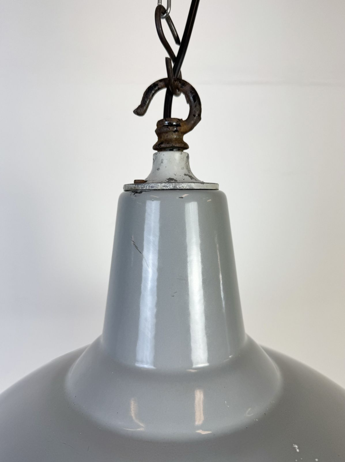 Industrial British Grey Enamel Factory Pendant Lamp, 1960s, 2x photo buy