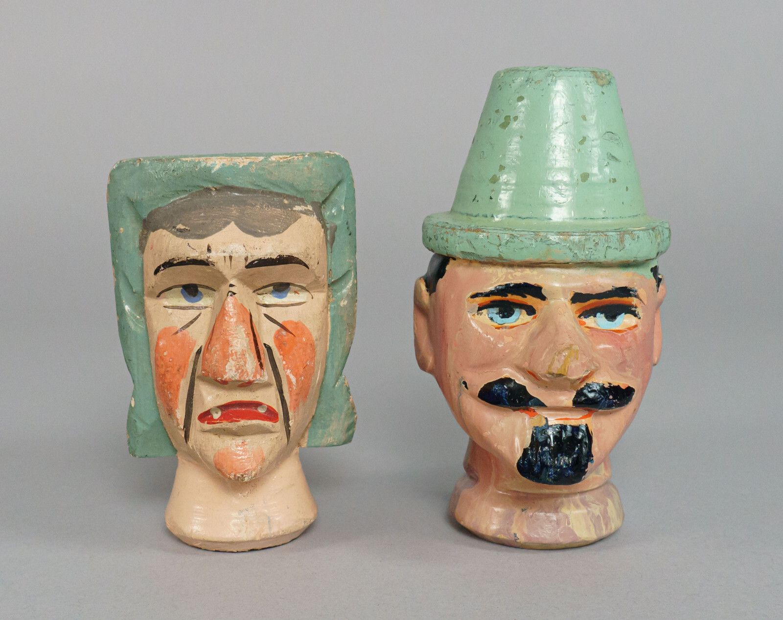 Pair Of Antique Carved / Painted Wooden Punch & Judy Puppet Heads Including Mr Scaramouche photo furniture