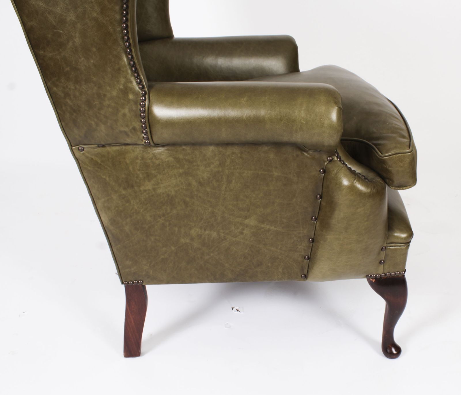 Furniture Bespoke Pair Leather Queen Anne Wingback Armchairs Alga Green photo