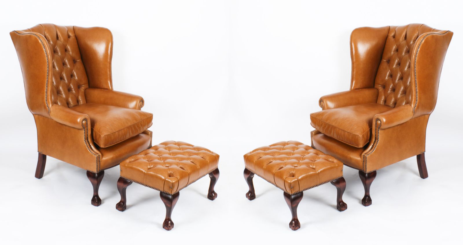 Bespoke Pair Leather Chippendale Wingback Armchairs & Pair Stools  Bruciato