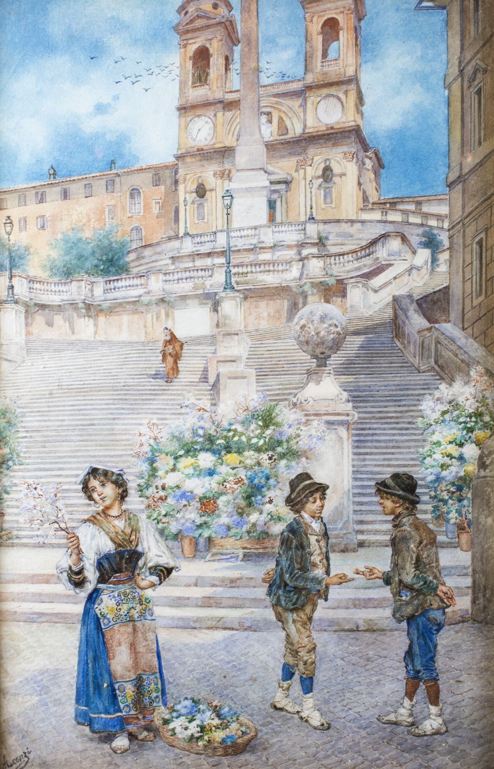 Antique Watercolour Of The Spanish Steps, Rome,  Ettore Ascenzi 19th C photo furniture