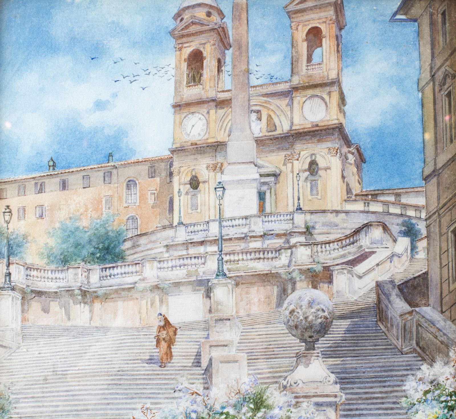 Antique Watercolour Of The Spanish Steps, Rome,  Ettore Ascenzi 19th C photo 1250.0