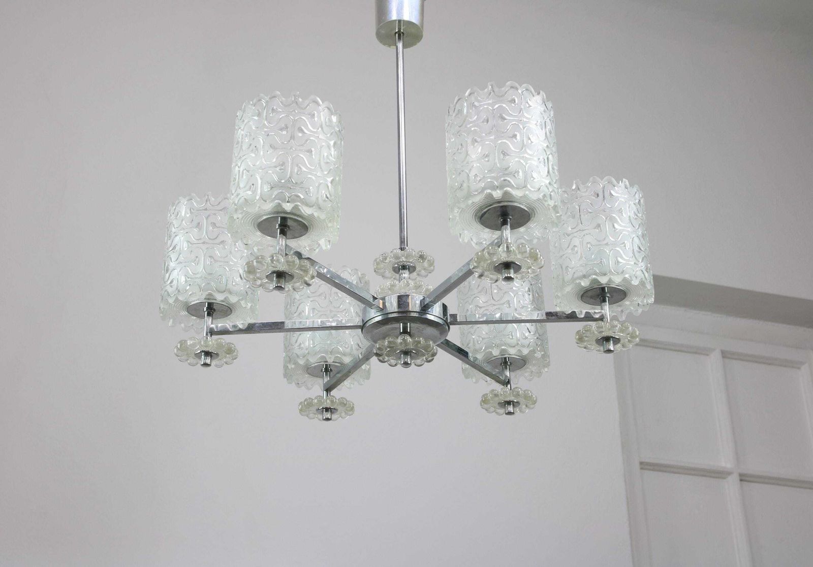 Vintage Austrian Glass And Metal Chandelier / 1960s Austria / Mid Century Modern Embossed Detailed Glass Shades Pendant Lamp / Rare Lighting photo vinterior