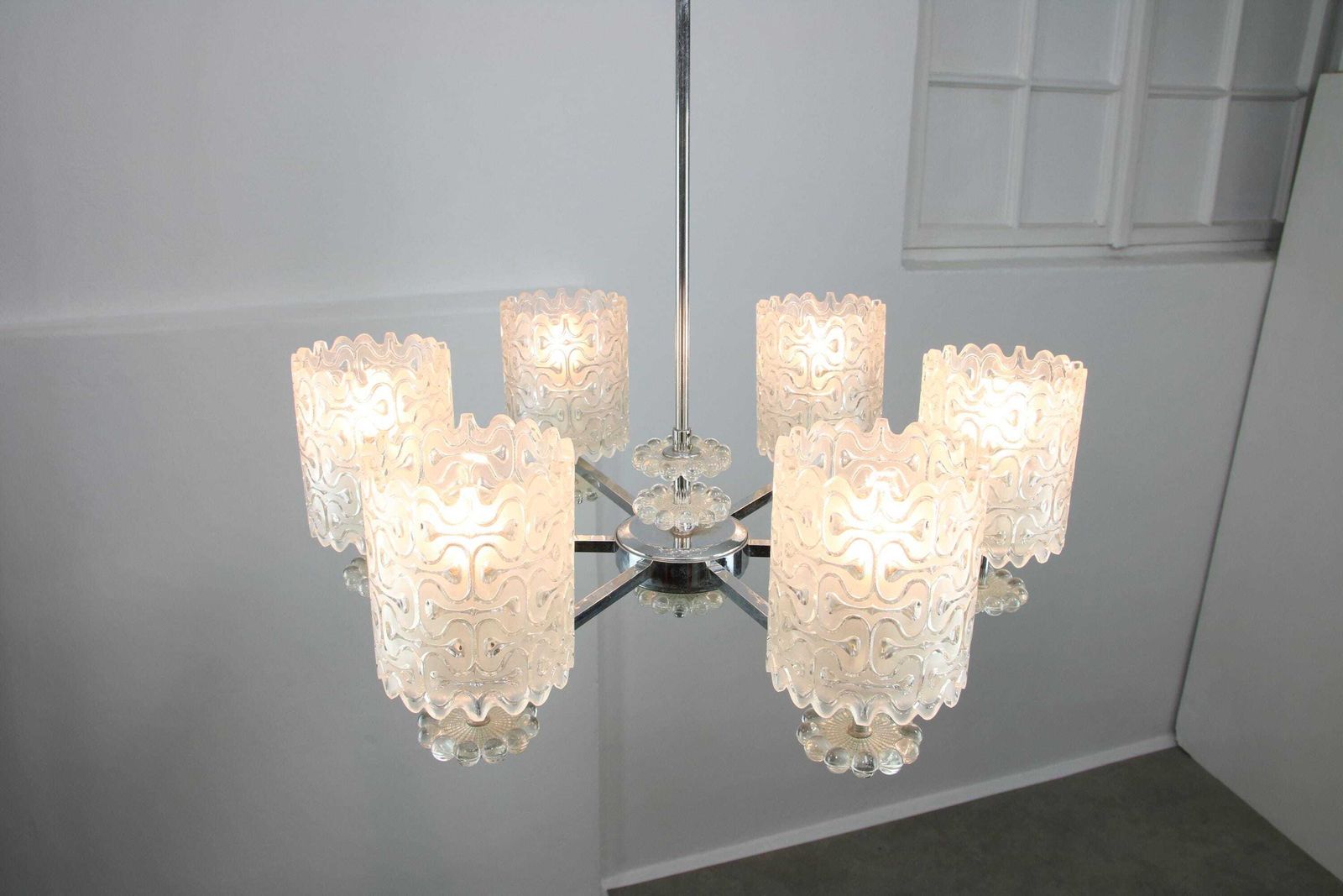 photo furniture Vintage Austrian Glass And Metal Chandelier / 1960s Austria / Mid Century Modern Embossed Detailed Glass Shades Pendant Lamp / Rare Lighting