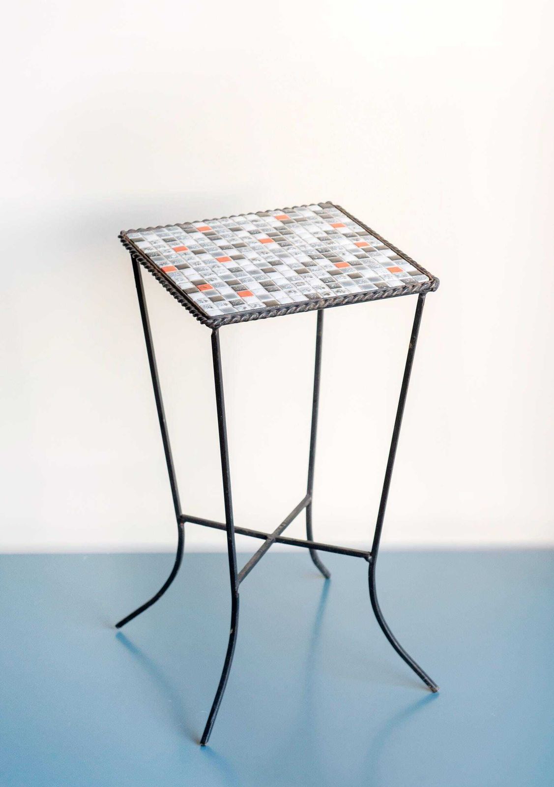 Vintage Mosaic Side Table, Mid Century Modern, Ceramic Tiled Table, Square Plant Stand, 1960s Design photo for sale