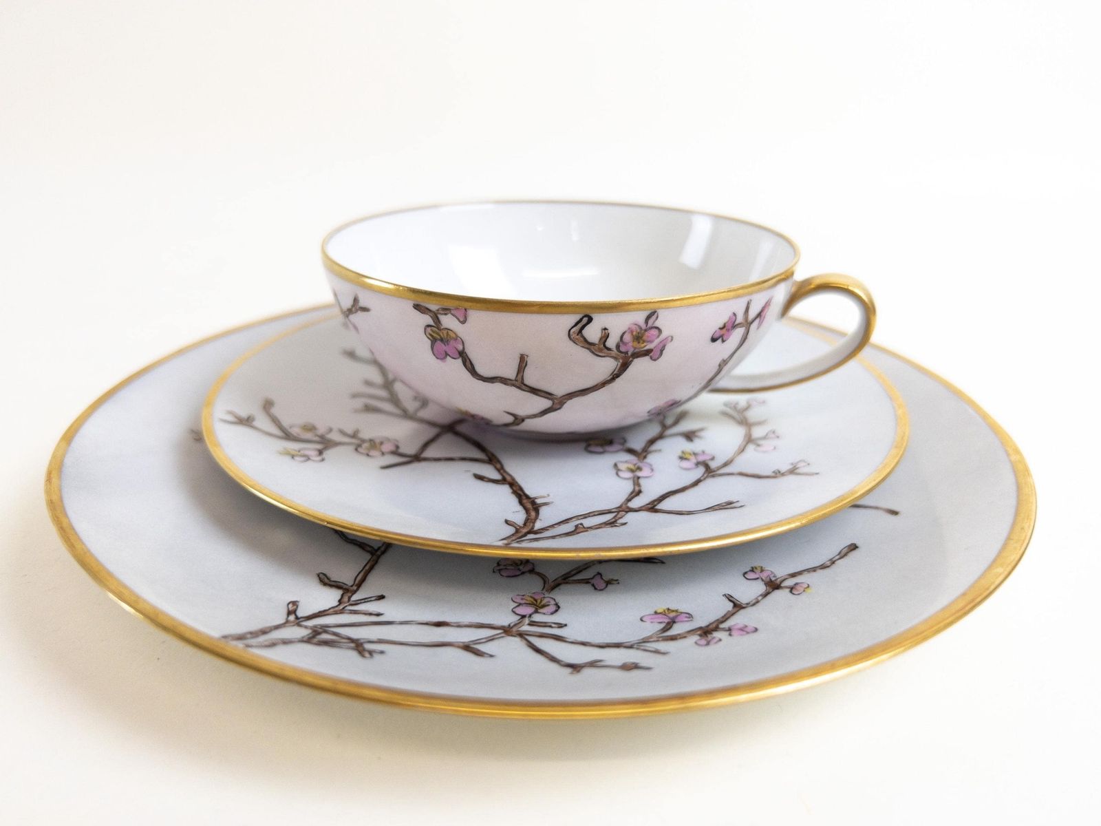 Unique Arzberg Porcelain Teacups, Saucer And Dessert Plates, Set Of 5, 15 Pcs.   Hand Painted Spring Decor   Gold Gilding   Made In Germany photo for sale