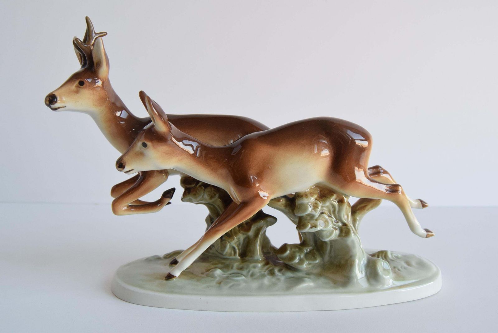 Vintage Porcelain Sculpture Roe Deer And Doe, By Royal Dux, 1960's. photo for sale