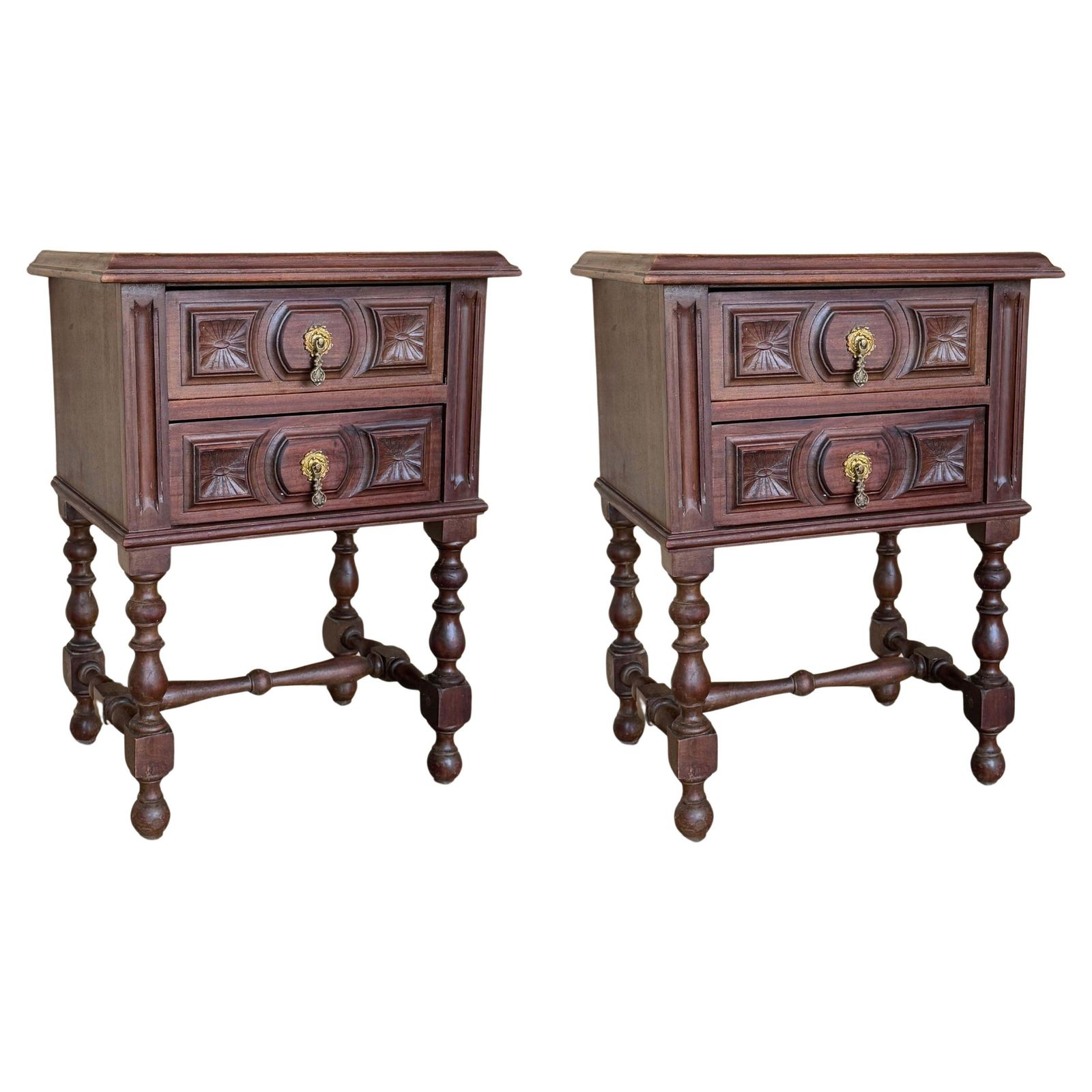 20th Century Pair Of Spanish Nightstands With Two Drawers And Iron Hardware