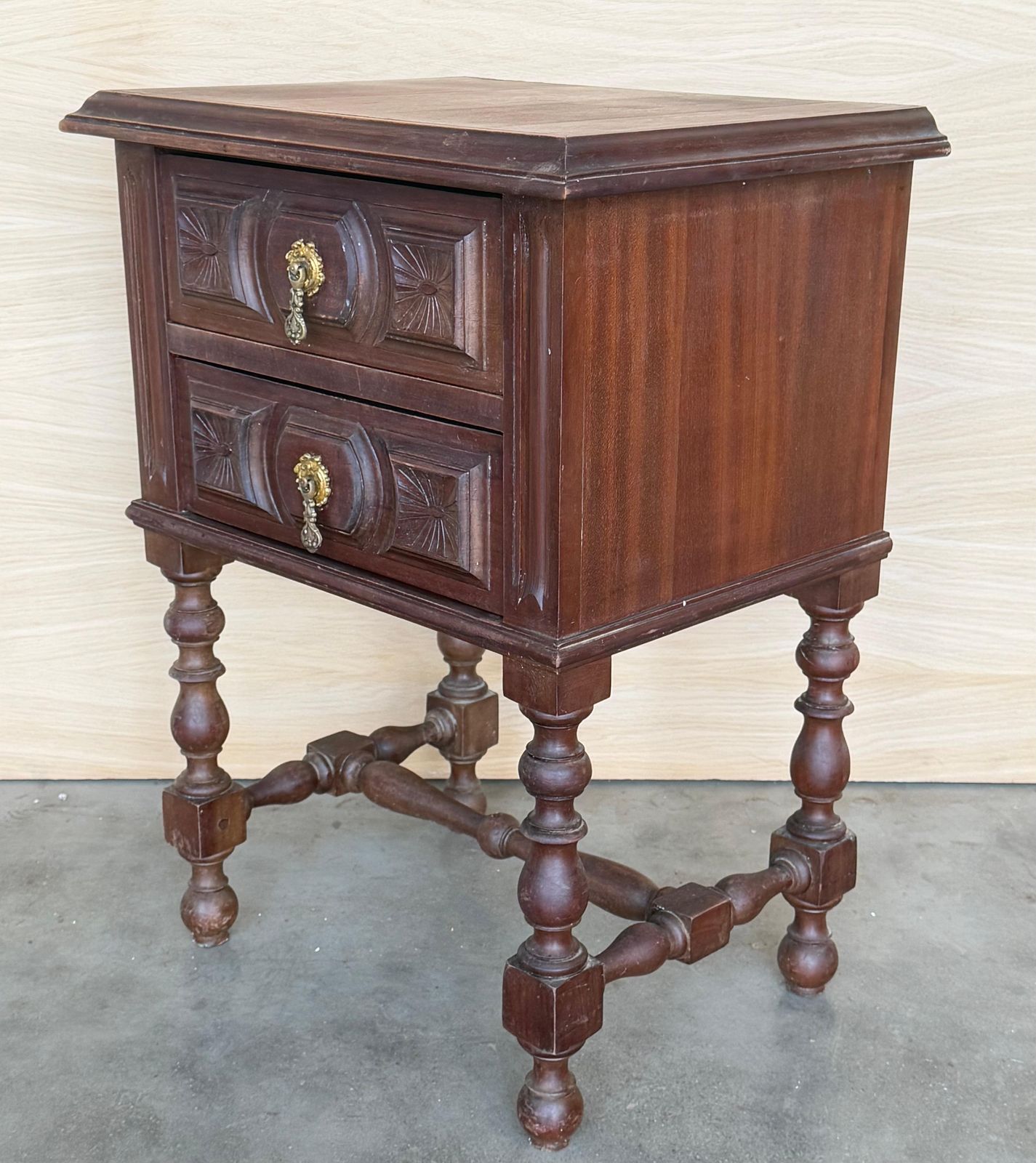 20th Century Pair Of Spanish Nightstands With Two Drawers And Iron Hardware photo vintage
