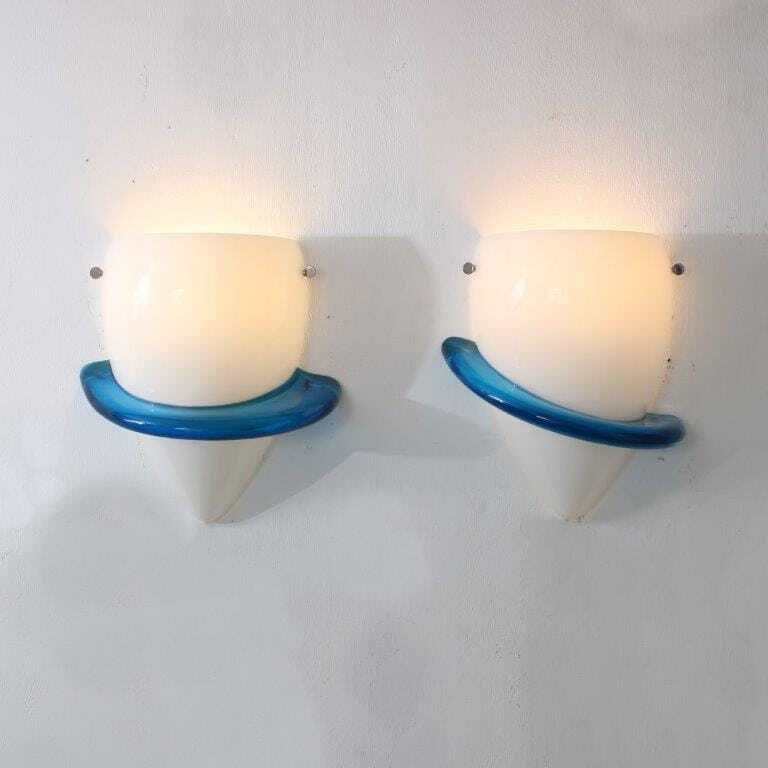 1990s Pair Of “Blue Swan” Wall Lamps By Tinu Aufiero For Venini, Italy photo vinterior