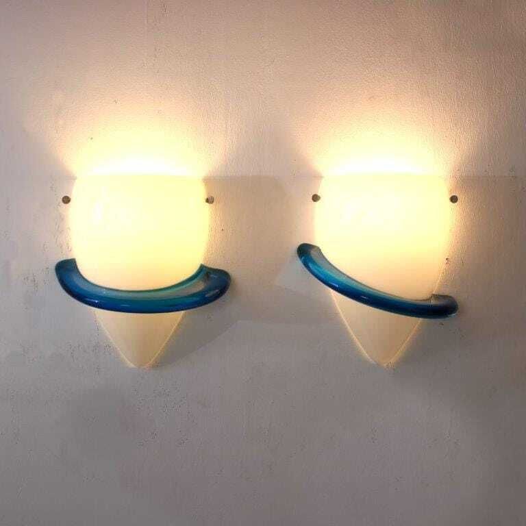 1990s Pair Of “Blue Swan” Wall Lamps By Tinu Aufiero For Venini, Italy photo vintage