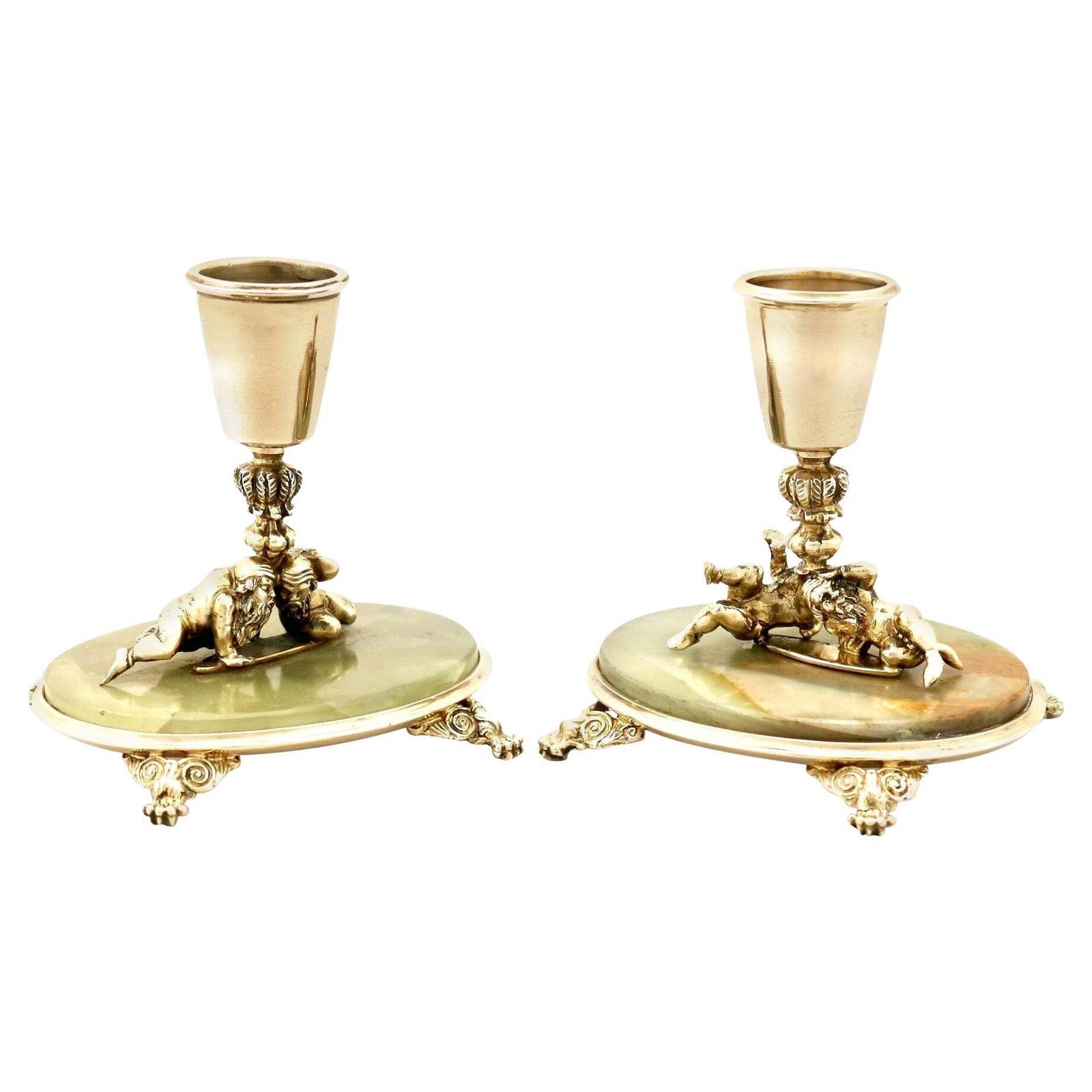 Antique Italian Silver Gilt And Marble Candlesticks