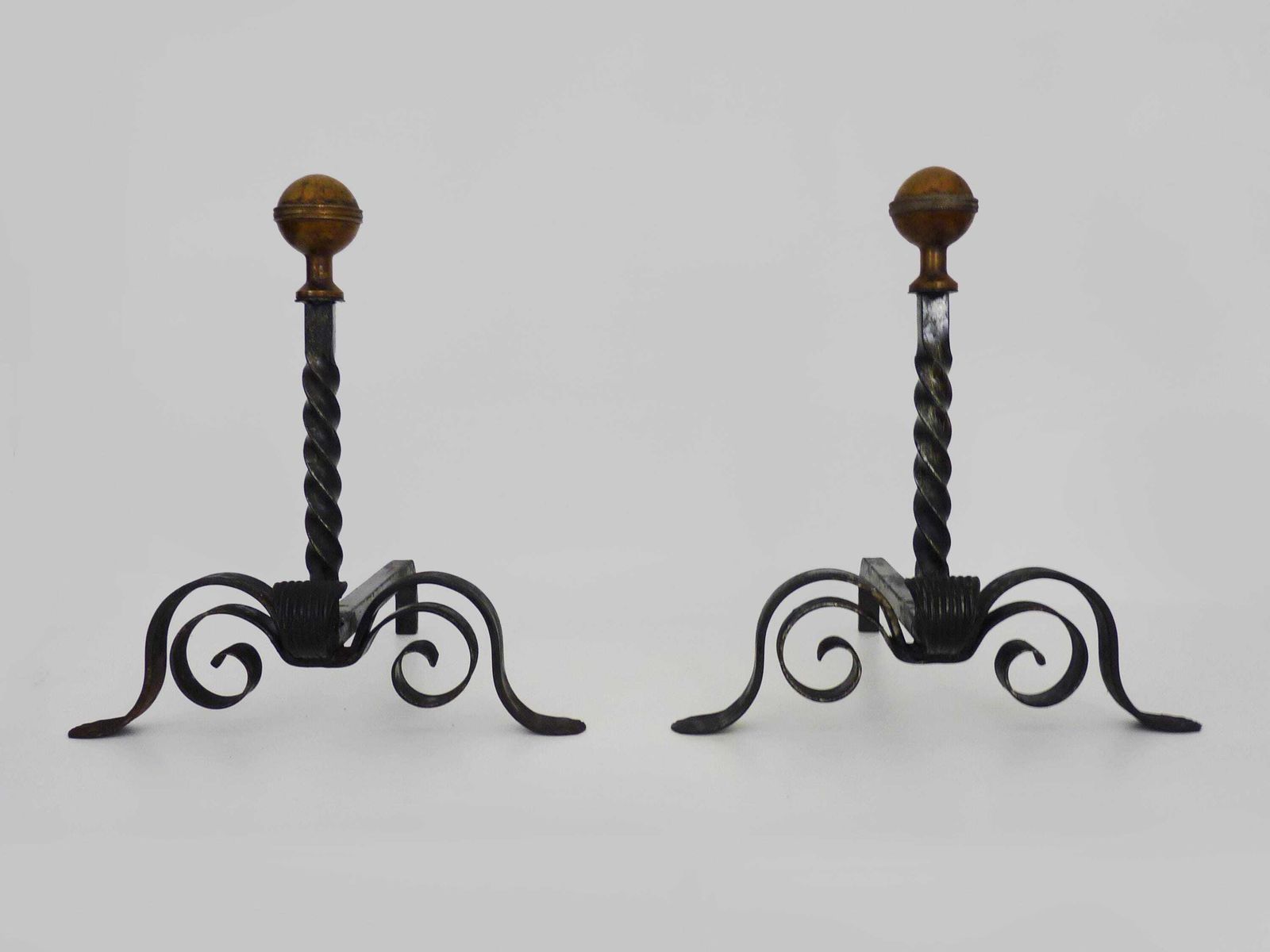 Large Pair Of Wrought Iron And Brass Ball Fireplace Andirons. France 19th Century.