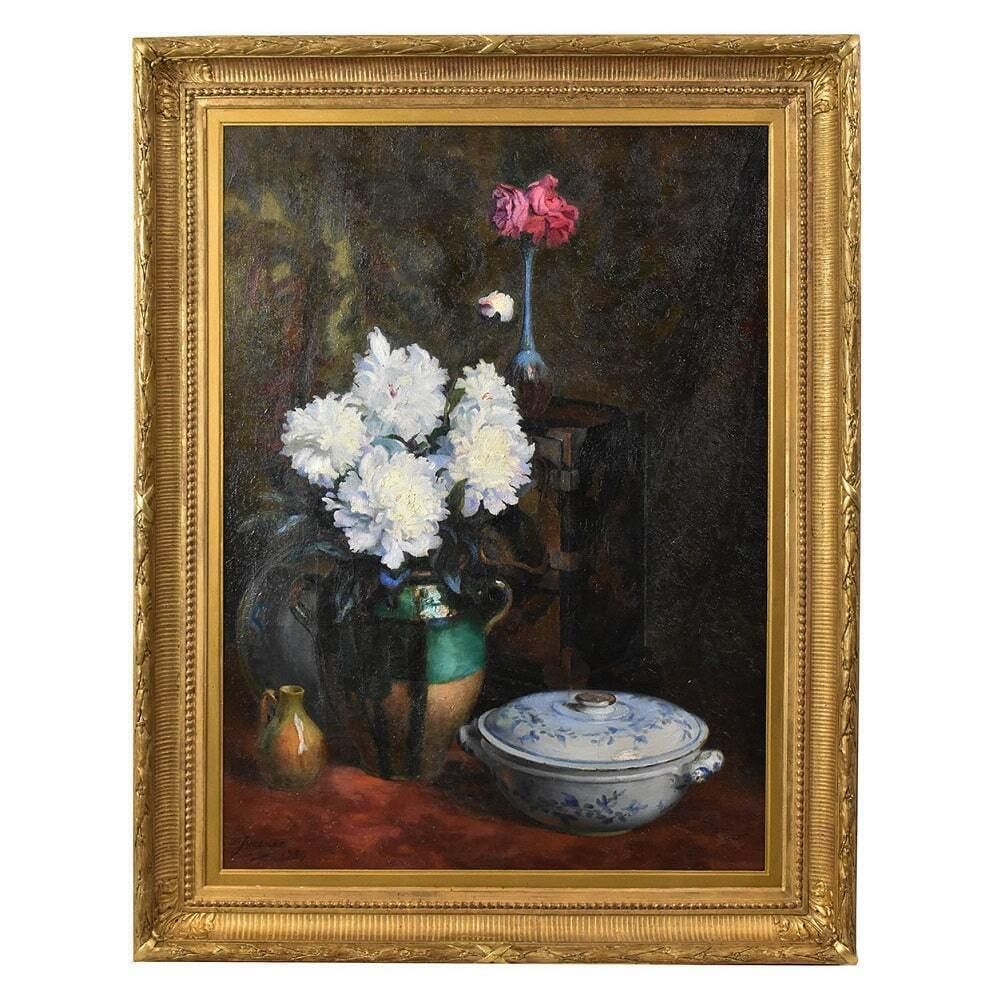 Antique Painting With Flowers, Art Deco, White Peonies, Still Life Oil Painting, XX Century.