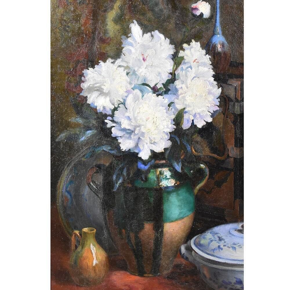 Antique Painting With Flowers, Art Deco, White Peonies, Still Life Oil Painting, XX Century. photo Art
