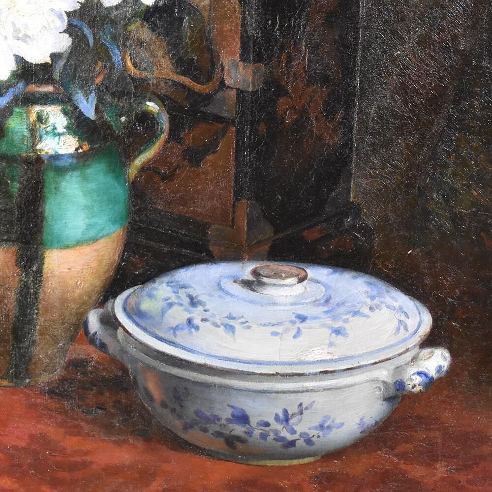 Antique Painting With Flowers, Art Deco, White Peonies, Still Life Oil Painting, XX Century. photo 2700.0
