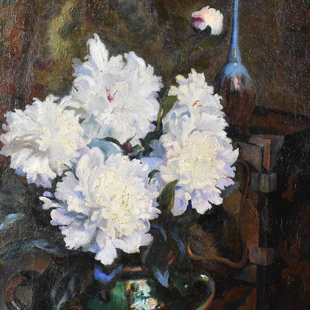 Antique Painting With Flowers, Art Deco, White Peonies, Still Life Oil Painting, XX Century. photo vintage