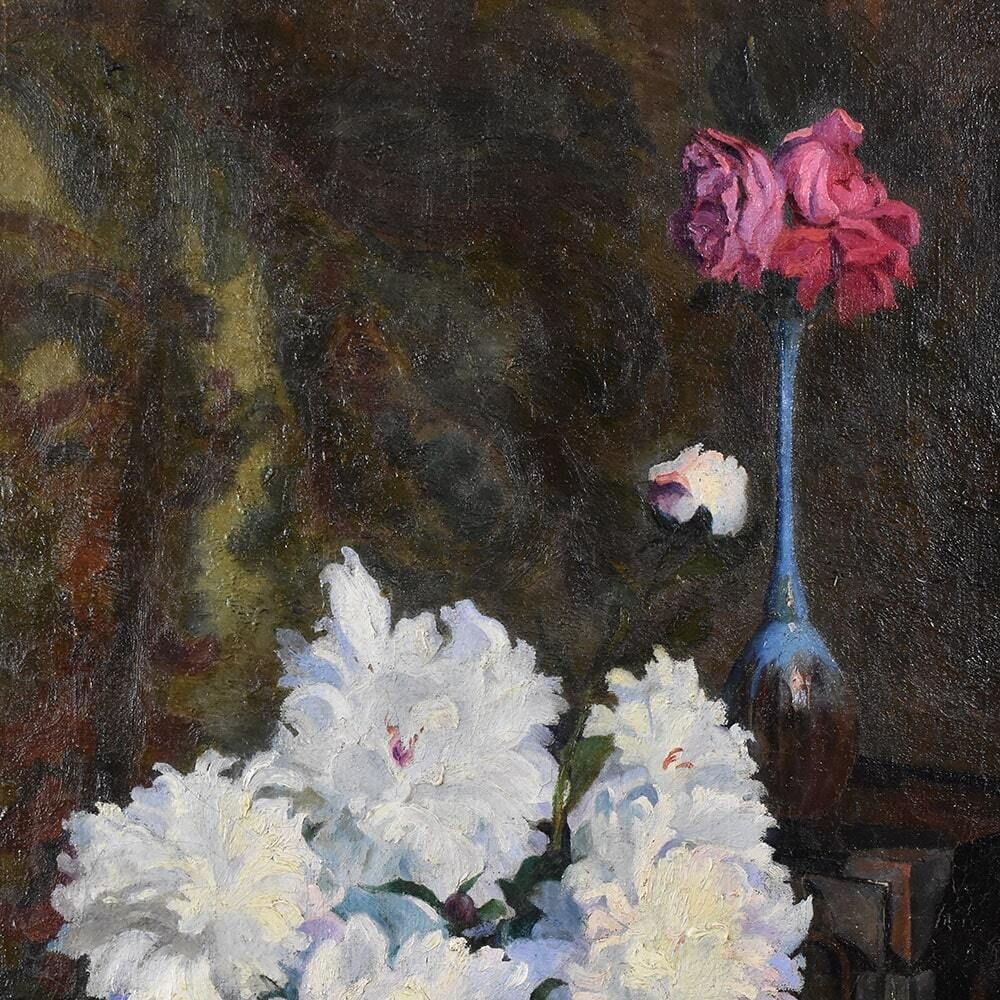 photo furniture Antique Painting With Flowers, Art Deco, White Peonies, Still Life Oil Painting, XX Century.