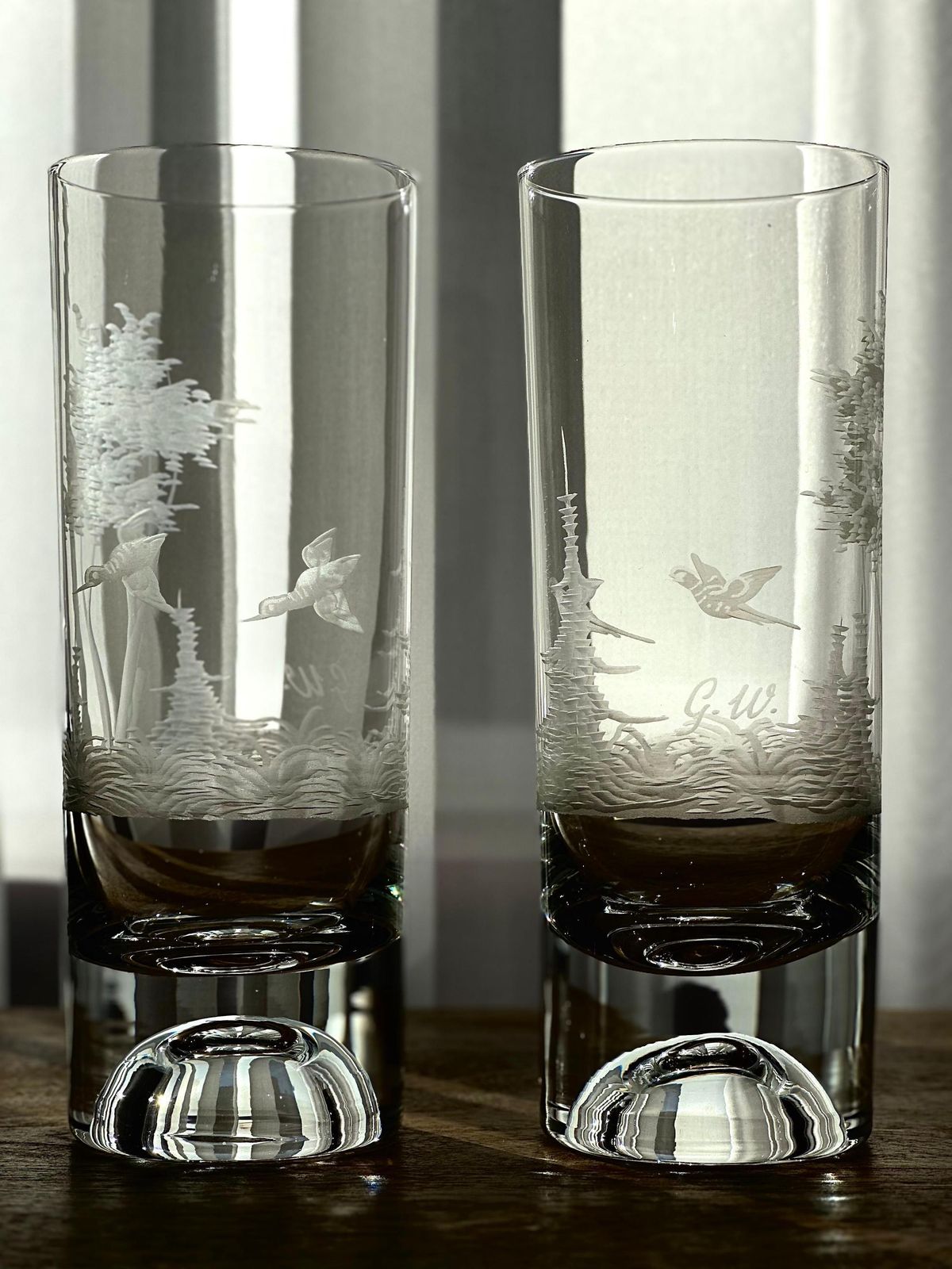 Set Of 7 Bohemian Etched Crystal Highball Glasses, G.W. Wilhelm Glassworks, Hand Blown Double Bottom Barware, Vintage Wildlife Glassware photo Home Decor