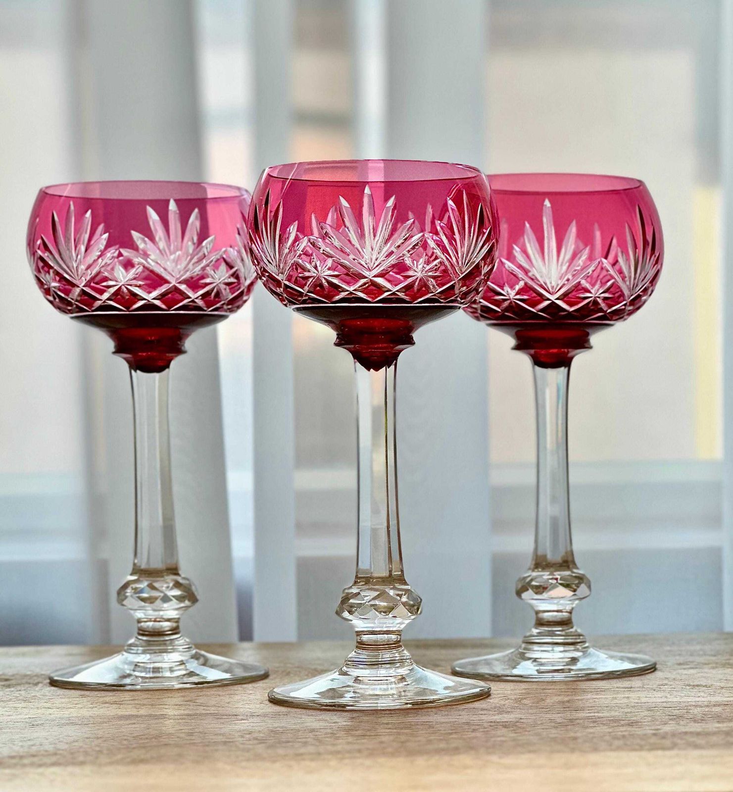 photo for sale St. Louis Massenet Cut Crystal Decanter And 6 Matching Glasses French Hand Cut Blue & Pink Crystal