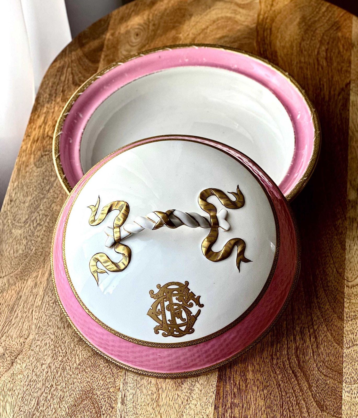 19th Century French Old Paris Porcelain Tureen   Monogrammed With Pink & Gold Detailing   Circa 1860s
