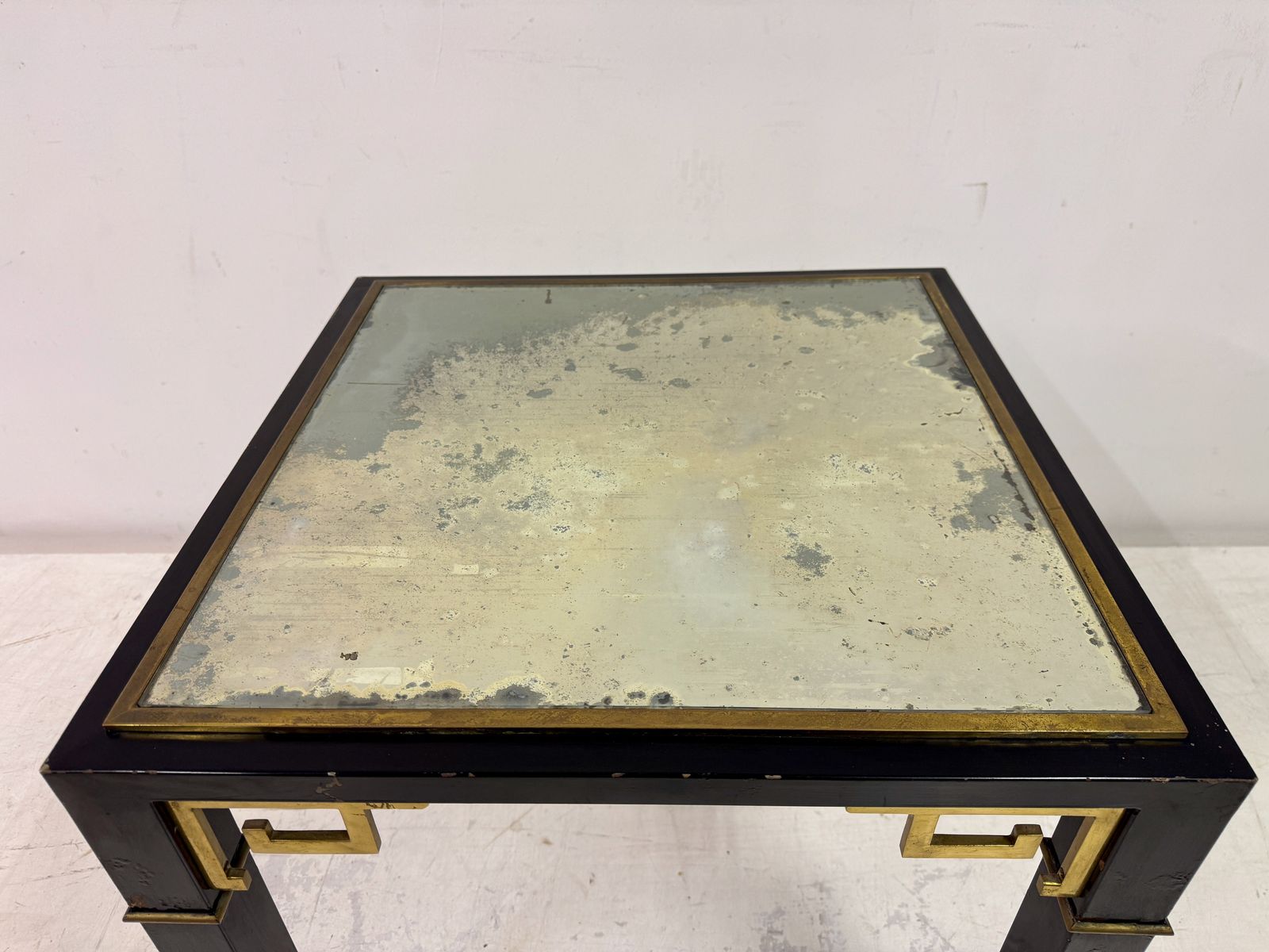 photo for sale 1970s Black And Brass Side Table With Greek Key Detail