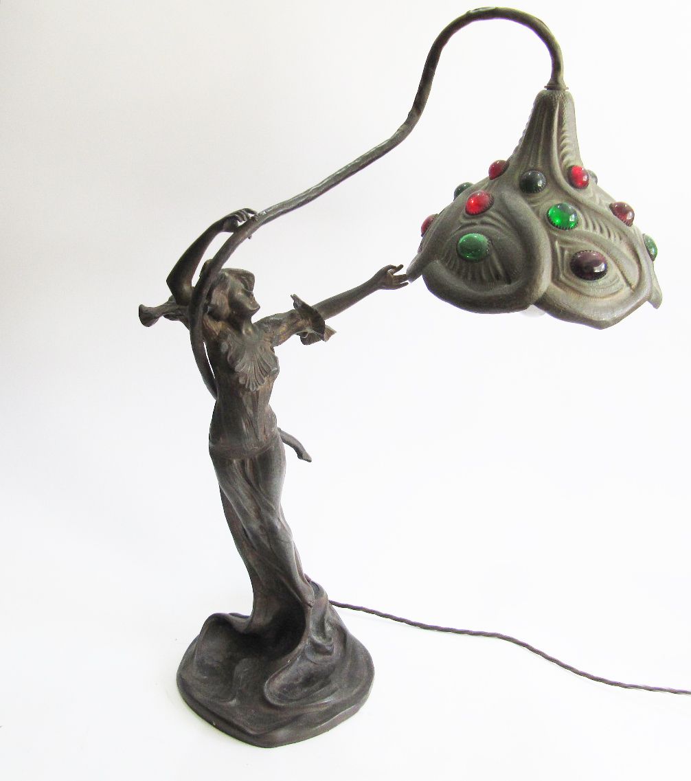 Very Rare Stunning Large Art Nouveau Figurine Lady Bronze Lamp
