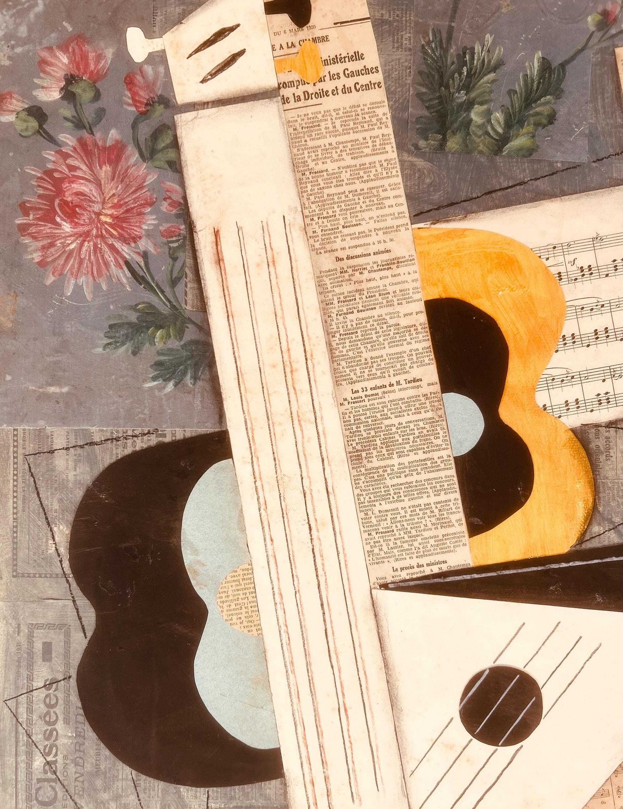 1930s French Cubism Collage And Painting On Canvas. Cubist Composition With Guitar. Modernism. Avant Garde. Modernist Music Instruments photo 1285.0