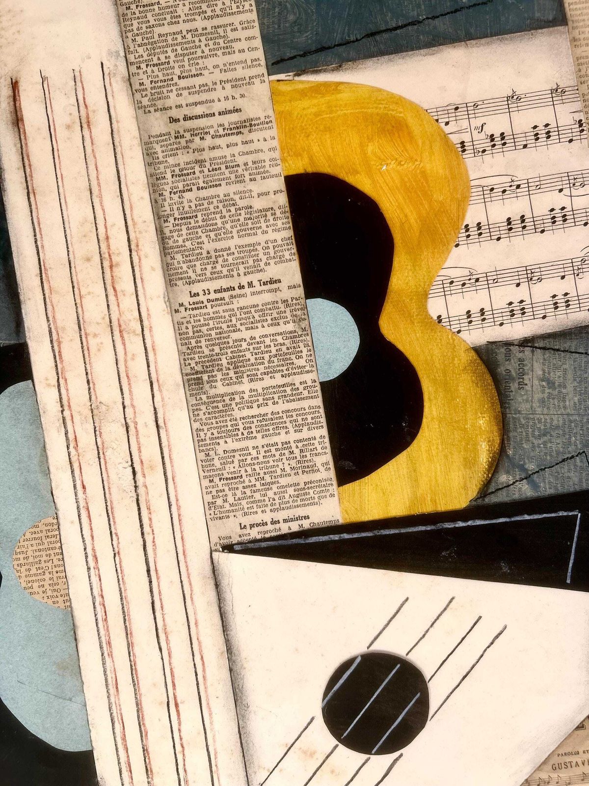 1930s French Cubism Collage And Painting On Canvas. Cubist Composition With Guitar. Modernism. Avant Garde. Modernist Music Instruments photo buy