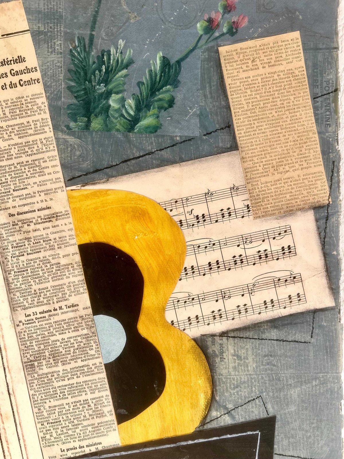 1930s French Cubism Collage And Painting On Canvas. Cubist Composition With Guitar. Modernism. Avant Garde. Modernist Music Instruments photo vintage