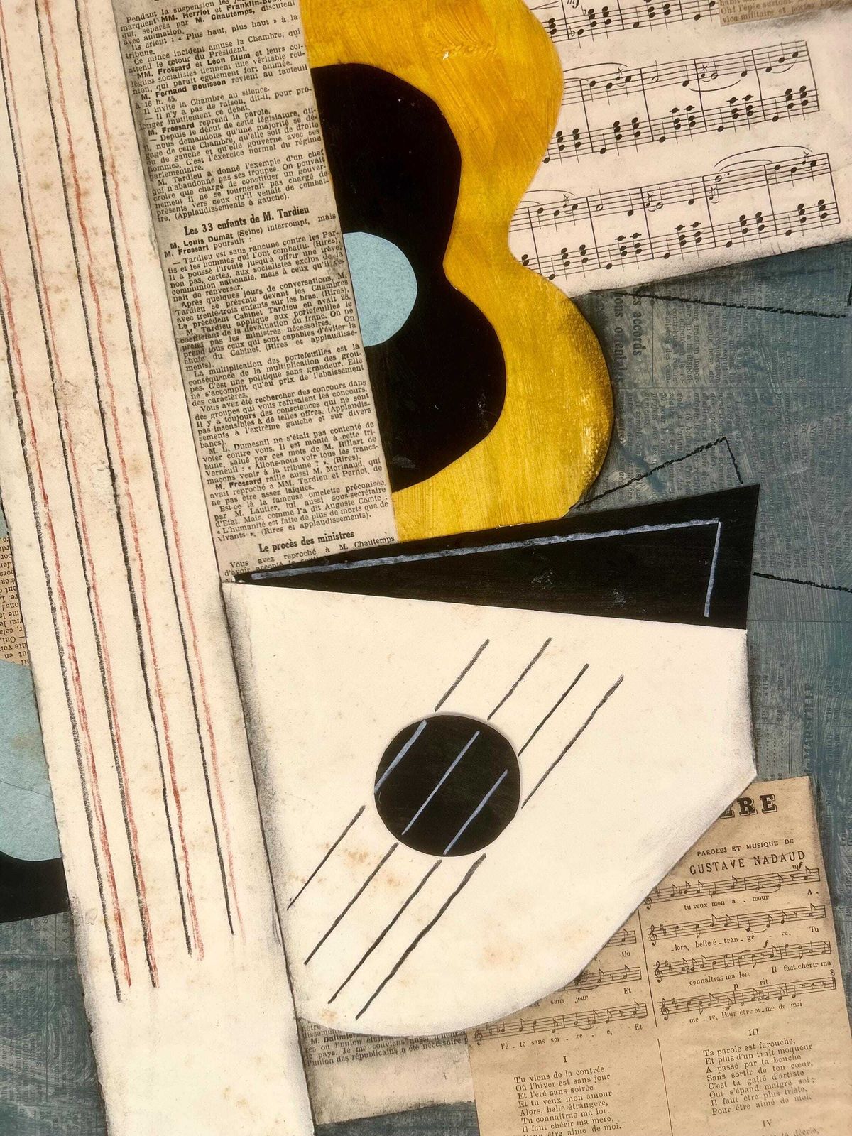 photo furniture 1930s French Cubism Collage And Painting On Canvas. Cubist Composition With Guitar. Modernism. Avant Garde. Modernist Music Instruments