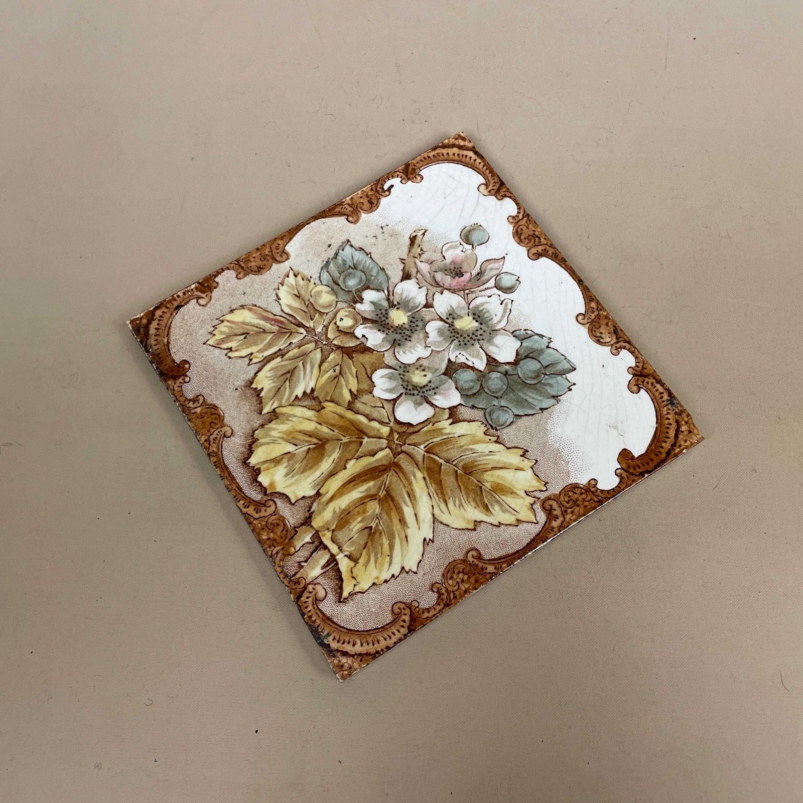 Antique Vintage Floral Tile Ceramic Square Old Floral Pattern 15.5x15.5cm Placemat Patterned Decorative Victorian Coaster Plant Stand Brown photo for sale