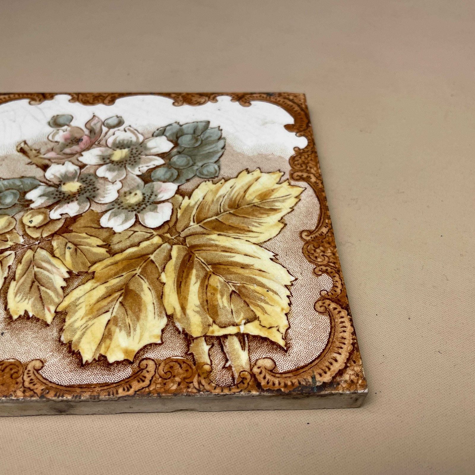 Antique Vintage Floral Tile Ceramic Square Old Floral Pattern 15.5x15.5cm Placemat Patterned Decorative Victorian Coaster Plant Stand Brown photo buy