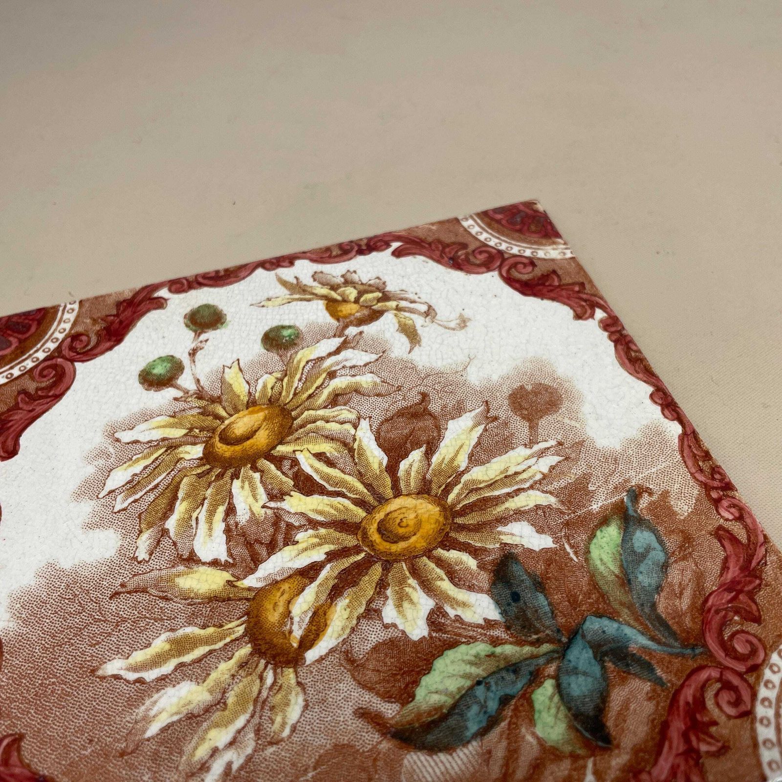 Antique Vintage Floral Tile Ceramic Square Old Floral Pattern 15.5x15.5cm Placemat Patterned Decorative Victorian Coaster Plant Stand Brown photo 55.0
