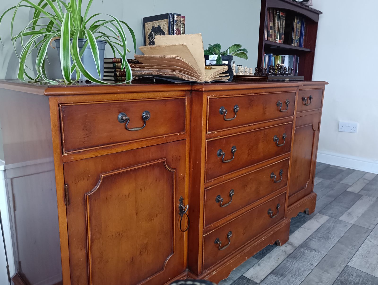 Burr & Burl Yew Wood Faux Drawer Fronted Library Bookcase Sideboard With Shelves photo furniture