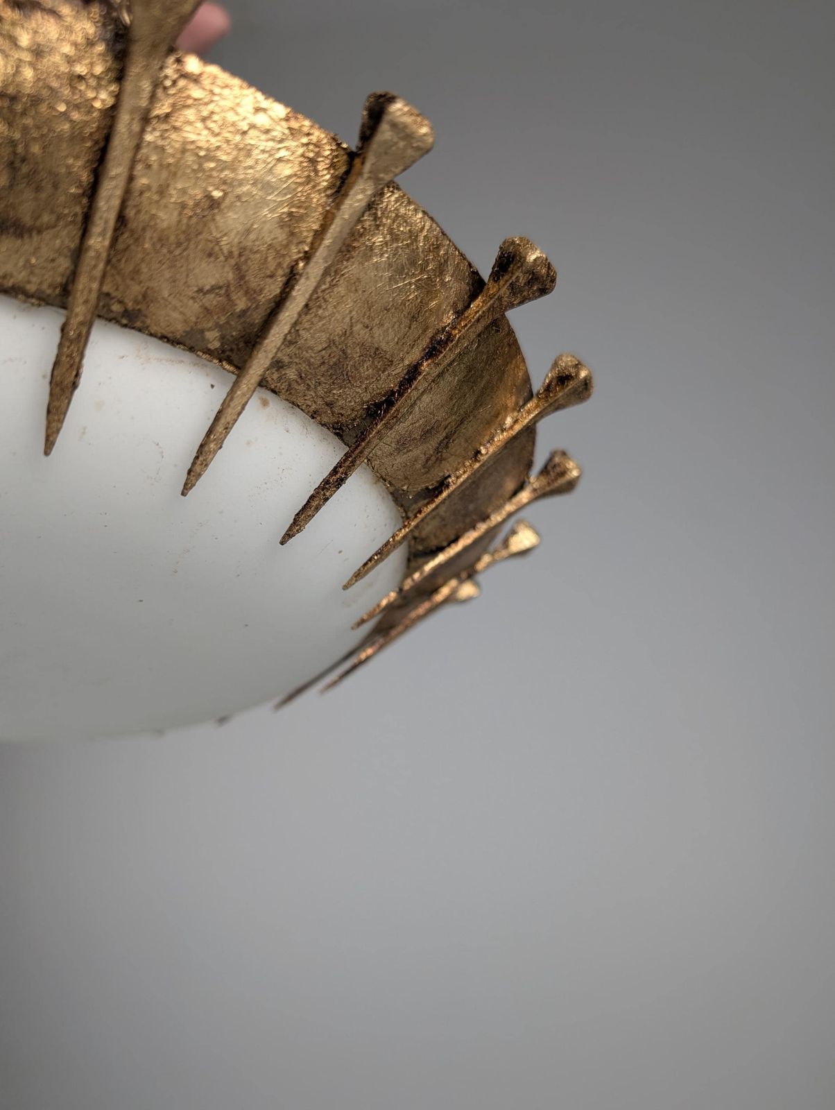 Sun Lamp Made Of Forged Nails With Gold Leaf And Opaline photo for sale