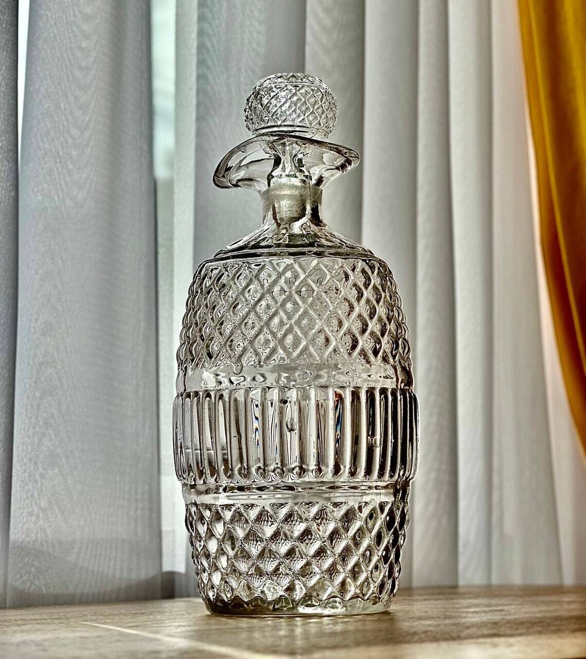 19th Century Irish Barrel Shaped Glass Decanter  Molded Diamond Design C. 1820 1830 photo furniture