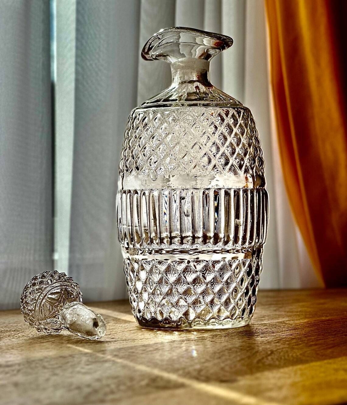 19th Century Irish Barrel Shaped Glass Decanter  Molded Diamond Design C. 1820 1830 photo vintage