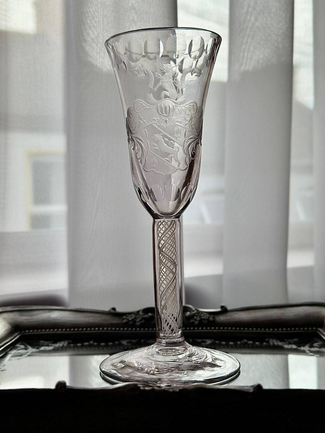 19th Century Continental Armorial Glass  Opaque Twist Stem  Engraved Lion Rampant  18th Century Style photo for sale