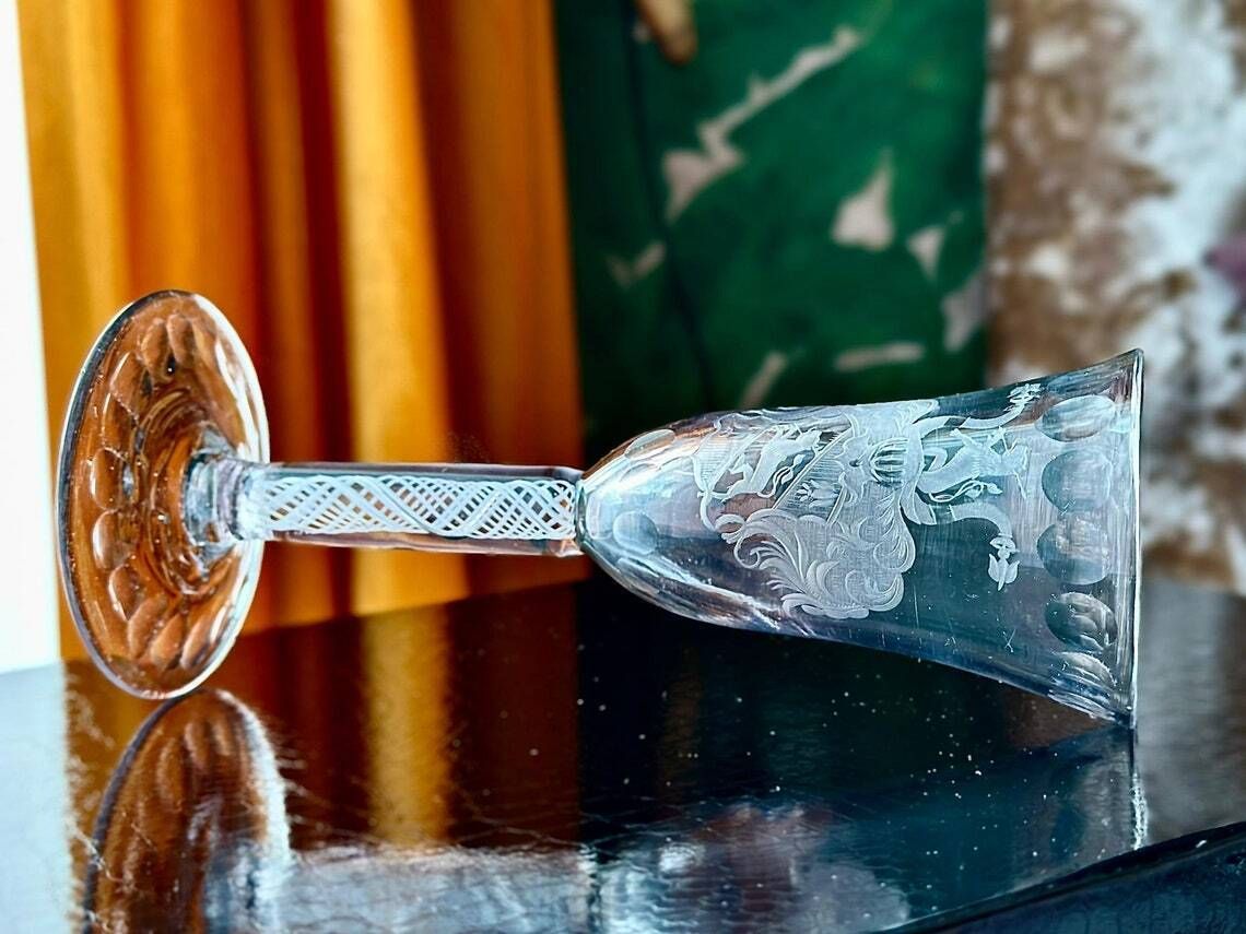 19th Century Continental Armorial Glass  Opaque Twist Stem  Engraved Lion Rampant  18th Century Style photo vintage