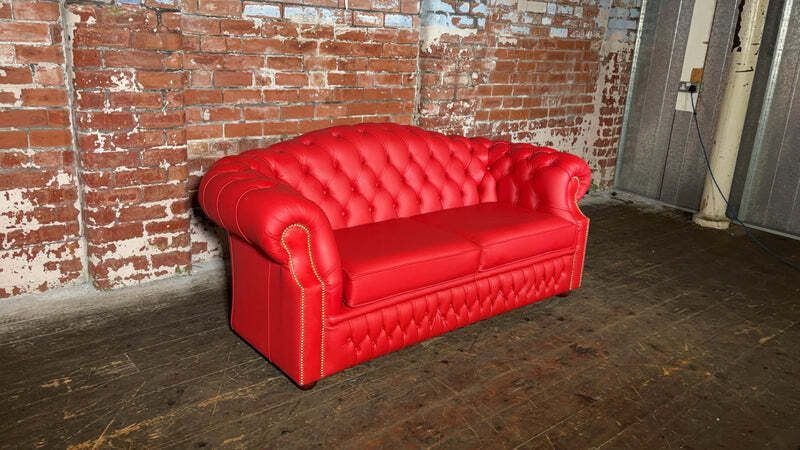 Striking Flame Red Leather 3 Seater Oxford Sofa photo for sale