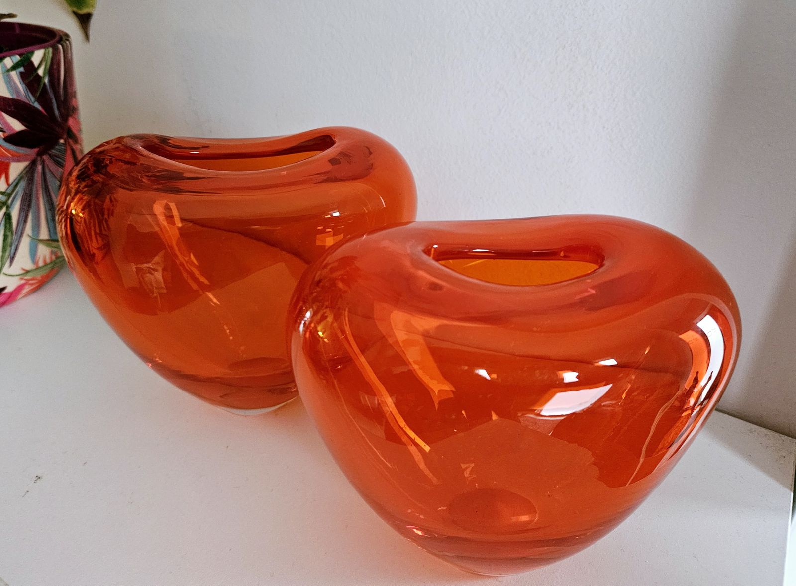 Pair Of Chunky Glass Heart Vases In Electric Orange photo vinterior