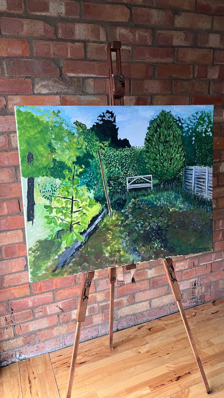 Late 20th Century Oil Painting On Stretched Canvas – Lush Garden Landscape