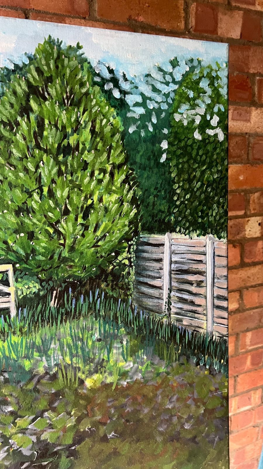 Late 20th Century Oil Painting On Stretched Canvas – Lush Garden Landscape photo Art