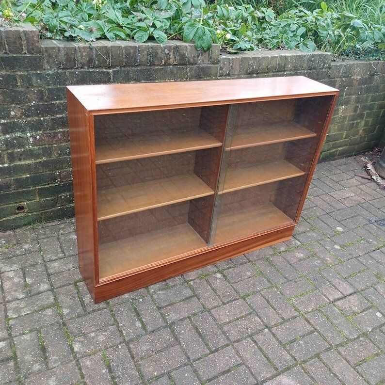 Classic Solid Wood Mid Century Retro Glazed Display Bookcase With Thick Glass Doors photo for sale