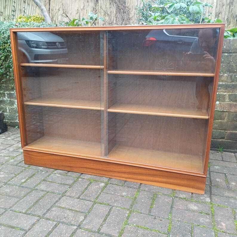 photo for sale Classic Solid Wood Mid Century Retro Glazed Display Bookcase With Thick Glass Doors