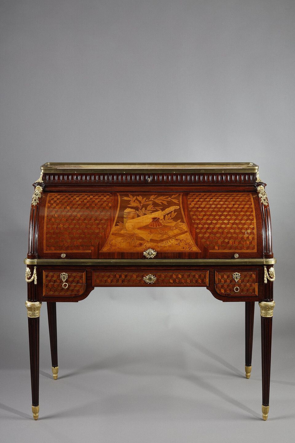 Louis XVI Style Cylinder Desk In Marquetry And Gilt Bronzes, Late 19th Century