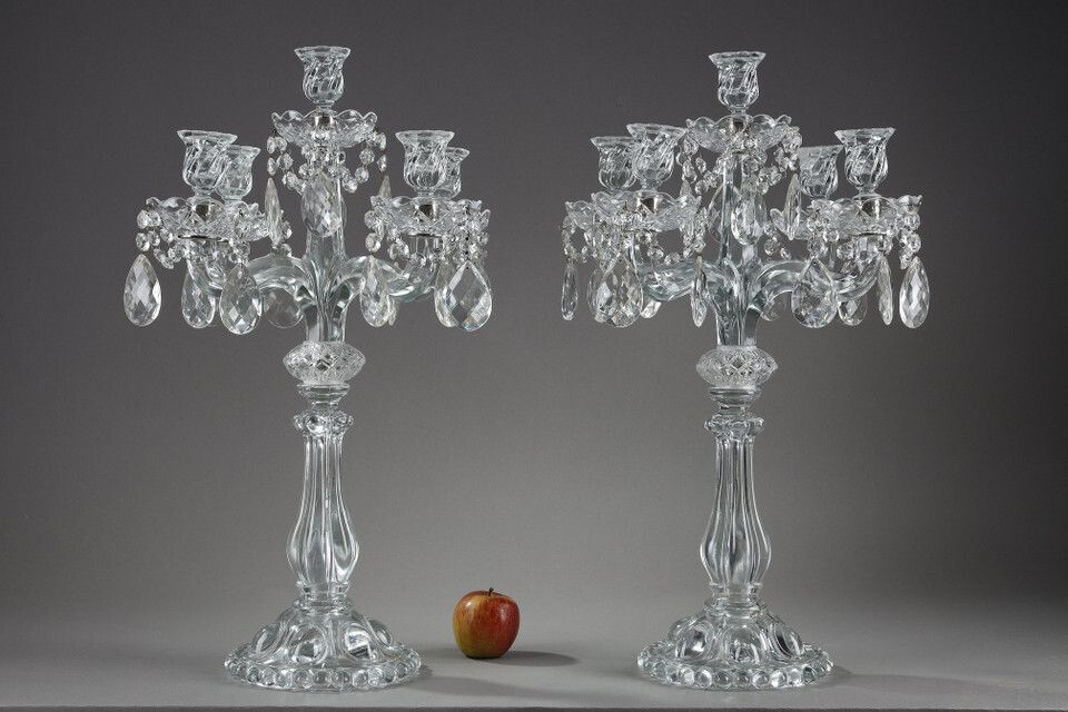 Pair Of Glass Candelabras With Crystal Pendants photo for sale
