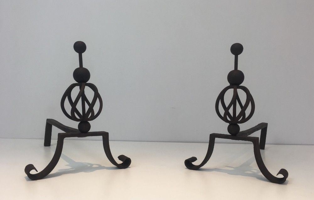In The Style Of Jean Royère. Pair Of Wrought Iron Andirons. French. Circa 1940 photo furniture